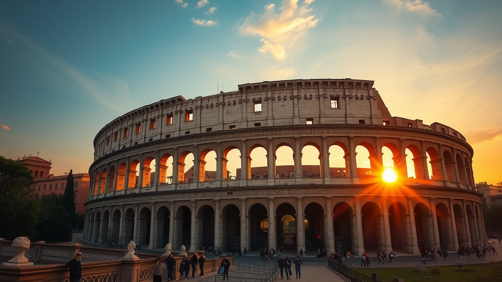 The Colosseum in Rome at sunset, showcasing its arches and ancient architecture.