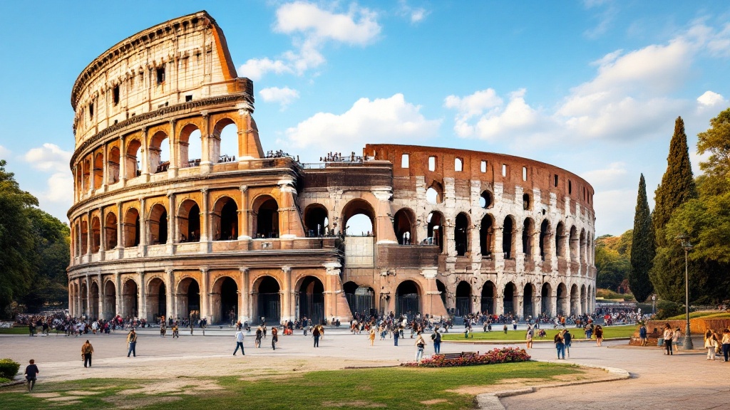 The Colosseum in Rome, showcasing its impressive architecture and a crowd of visitors.