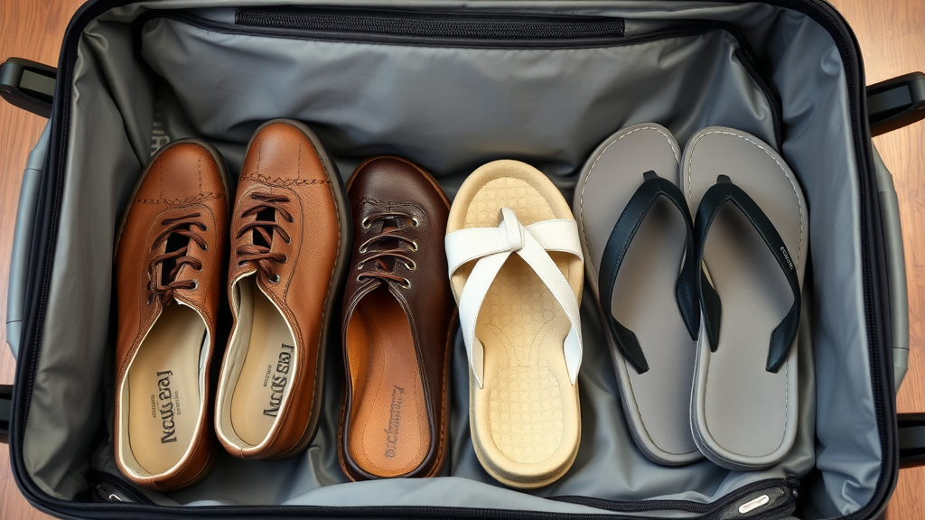 A suitcase with three pairs of shoes: brown lace-up shoes, a pair of white flip-flops, and black sandals.