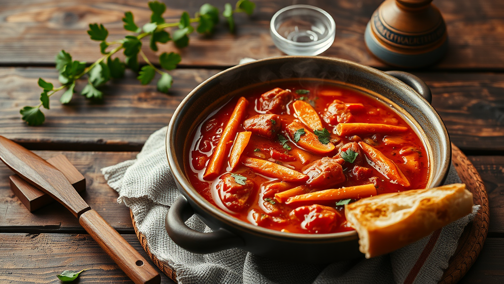 A bowl of Hungarian goulash with vegetables and bread on a wooden table.