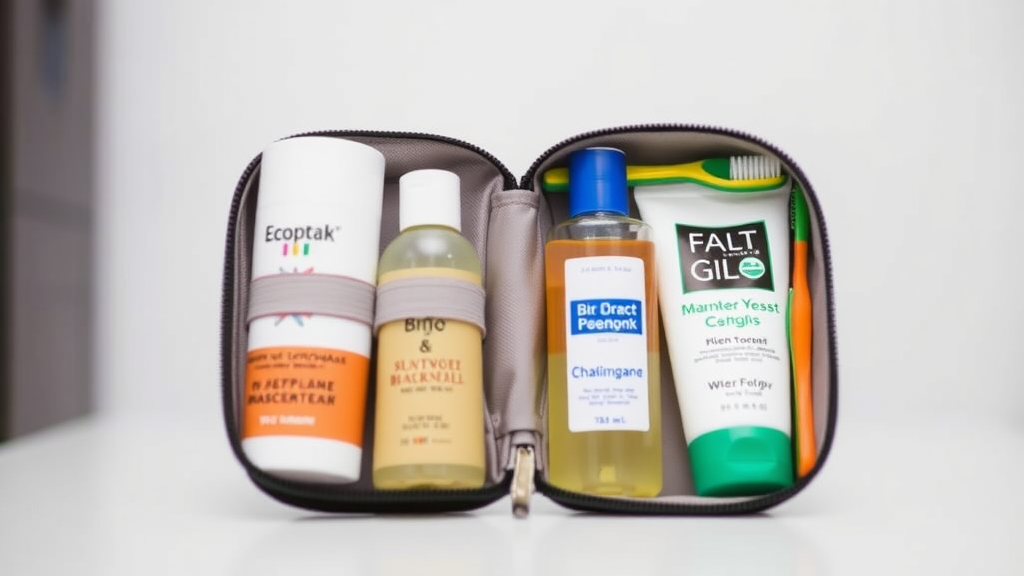 A compact toiletry kit with various travel-sized toiletries including shampoo, body wash, and a toothbrush.