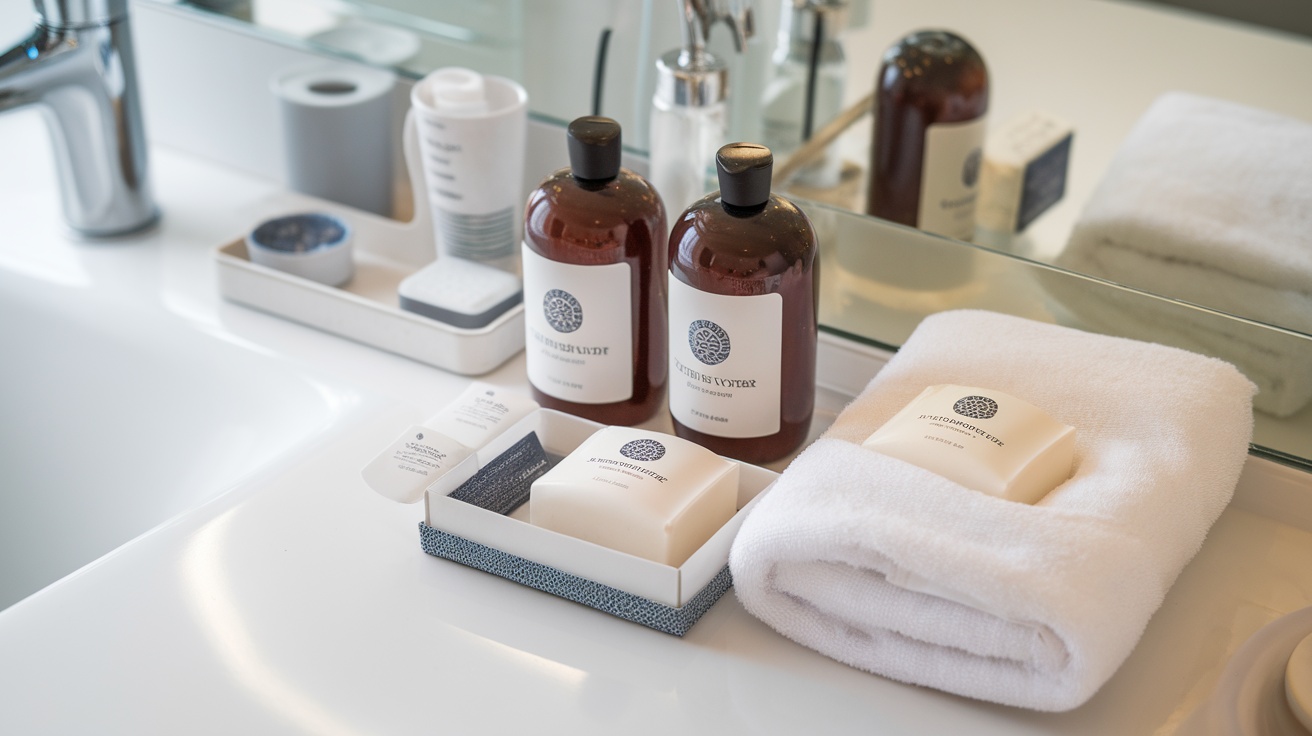 A neat bathroom sink with complimentary toiletries including shampoo, conditioner, and soap.