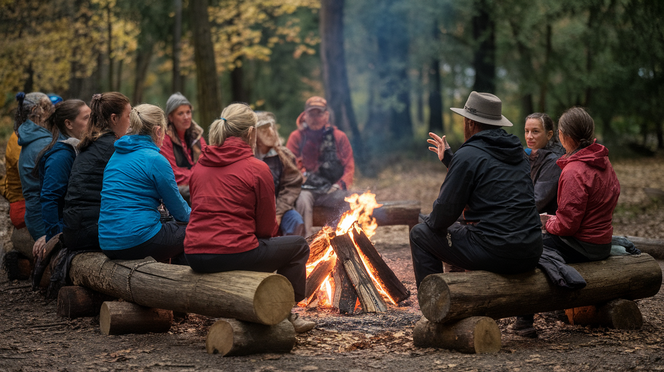 Group of eco-conscious travelers gathered around a campfire in the woods.