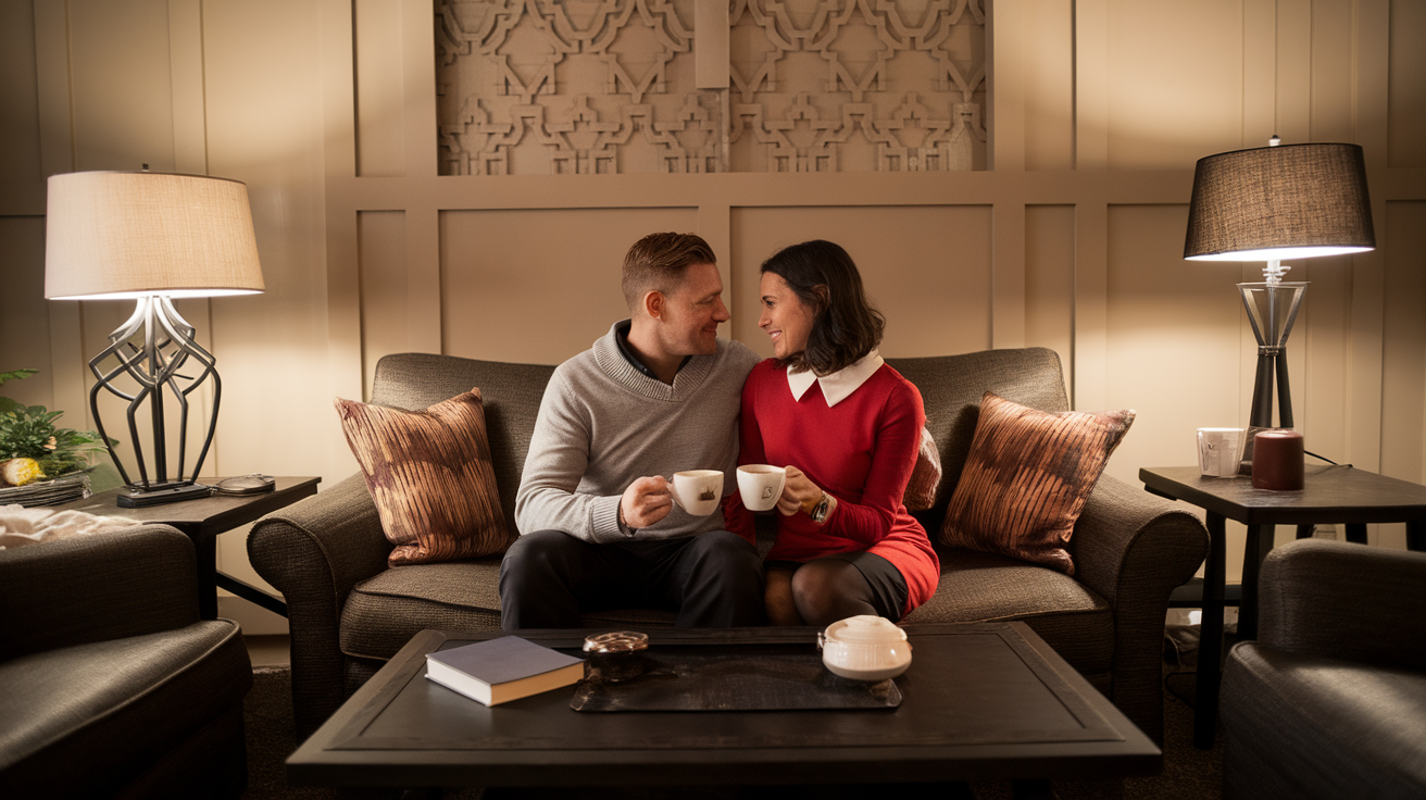 A couple sitting close together on a sofa, smiling at each other while holding cups of tea or coffee.