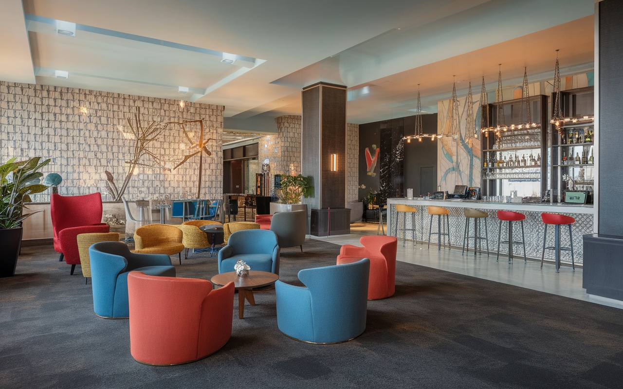 Colorful lounge area at CitizenM New York featuring modern seating and a sleek bar.