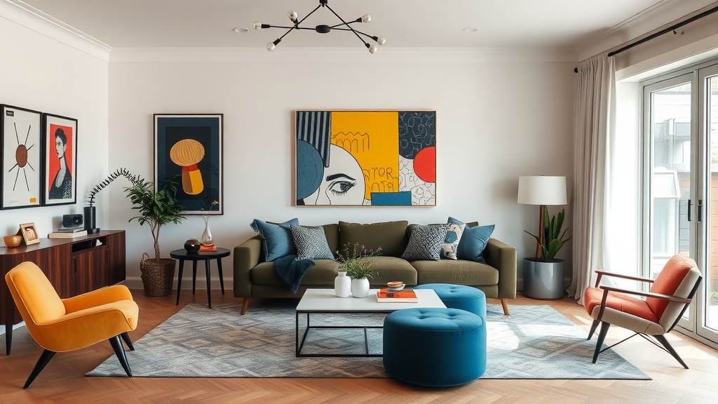 A contemporary living room featuring bold art, colorful furniture, and stylish decor.