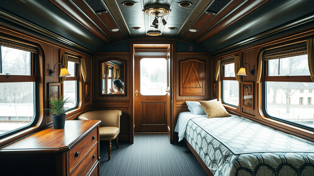 Interior of a converted train showcasing wooden decor and cozy furnishings.