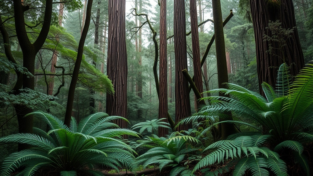 Lush green forest with tall trees and ferns in Tasmania