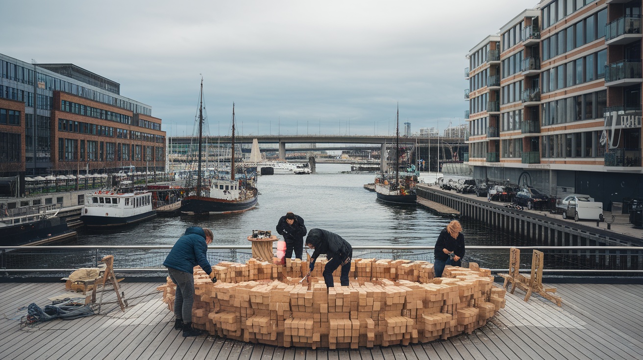 Artists working on a design installation by the waterfront in Copenhagen.