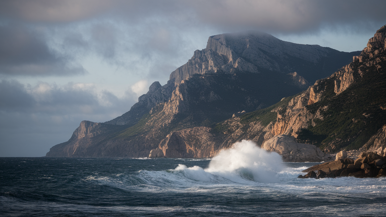 A stunning view of Corsica's rugged coastlines with waves crashing against the cliffs.