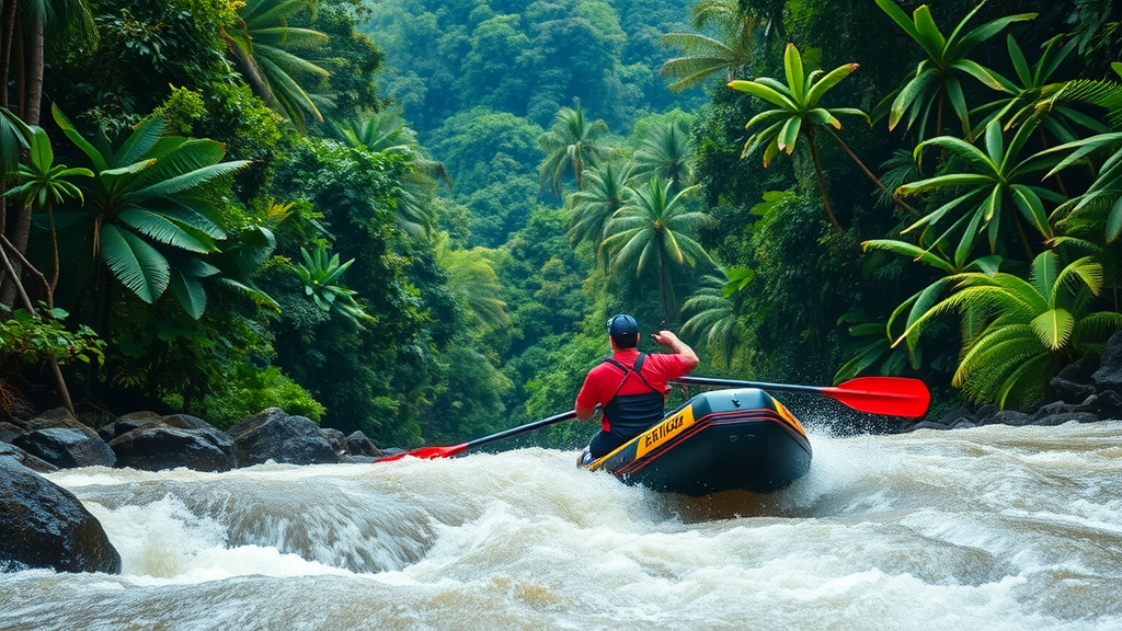 A person rafting on a rushing river surrounded by tropical greenery.