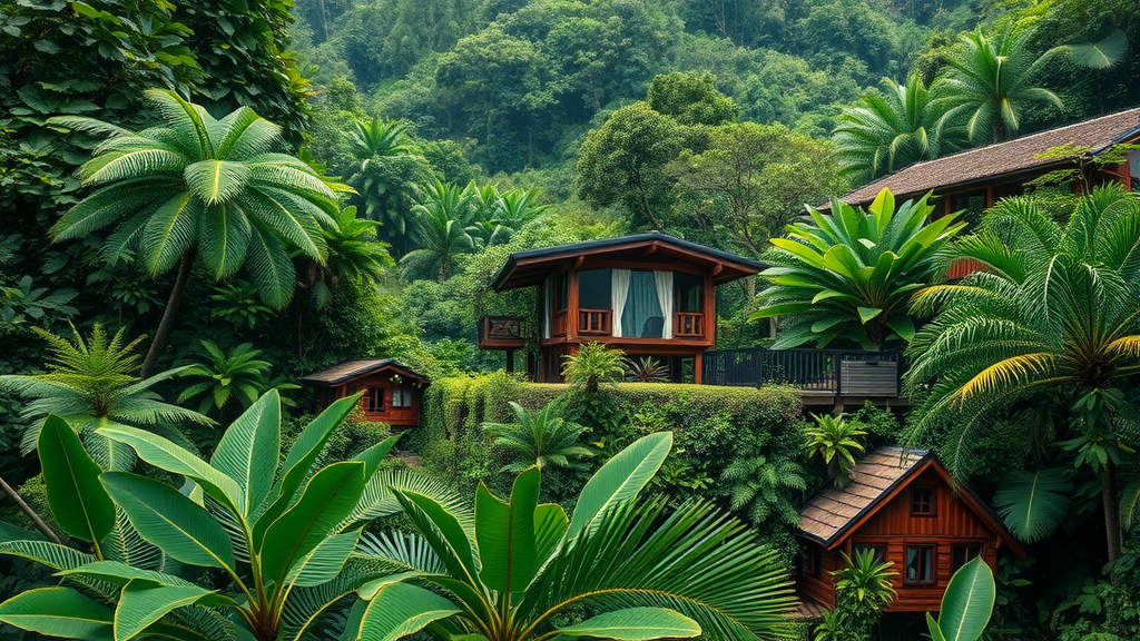 Lush tropical landscape in Costa Rica with wooden cabins surrounded by greenery