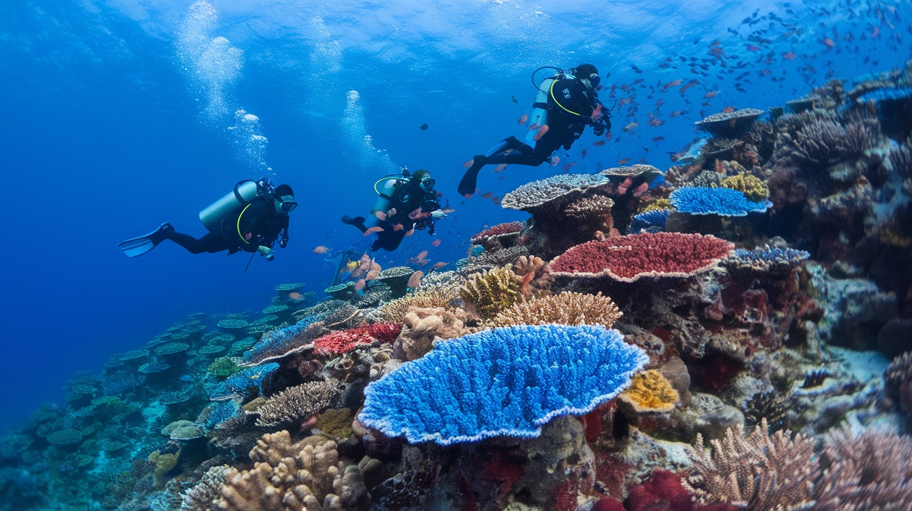 Underwater scene with divers exploring colorful coral reefs