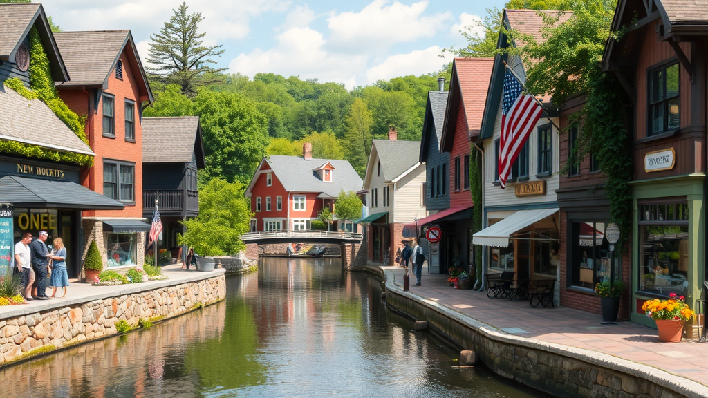 A picturesque view of New Hope, Pennsylvania, featuring colorful buildings along a canal with people walking and enjoying the scenery.