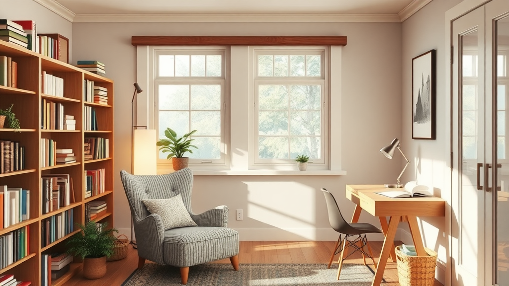 A cozy home office featuring a reading nook with a comfortable chair, a wooden desk, and ample bookshelves.