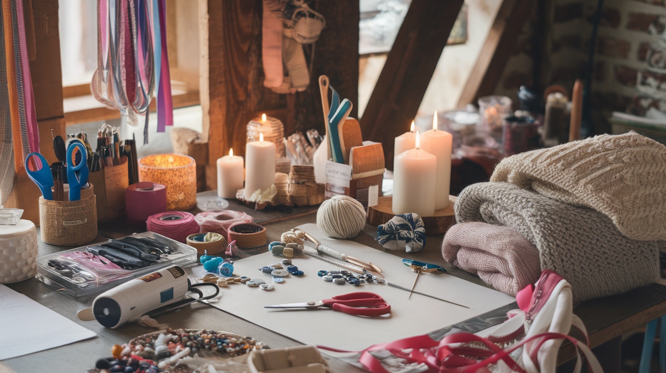 A cozy craft table filled with materials like yarn, scissors, and candles, inviting creativity.