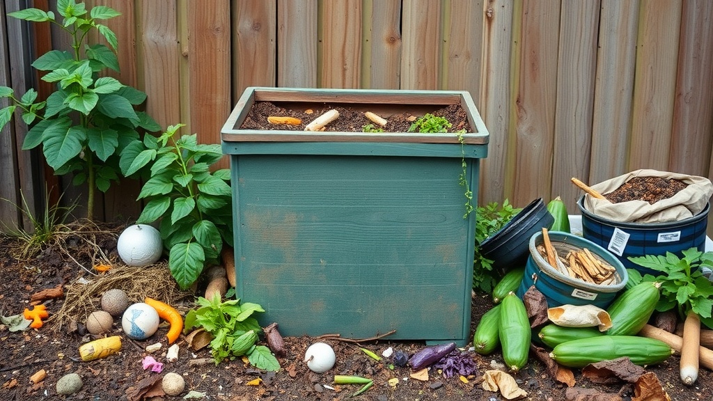 An outdoor compost bin surrounded by fresh vegetables and plant material.