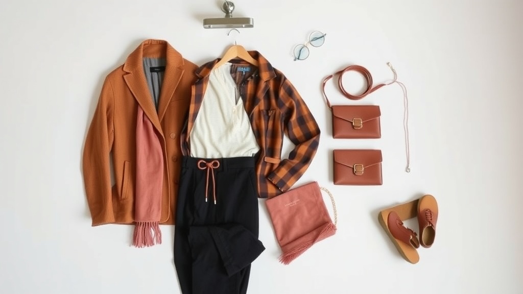 A neatly arranged capsule wardrobe with a jacket, scarf, top, pants, bags, and shoes.