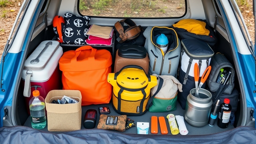 A packing list for camping laid out with various camping gear and items.