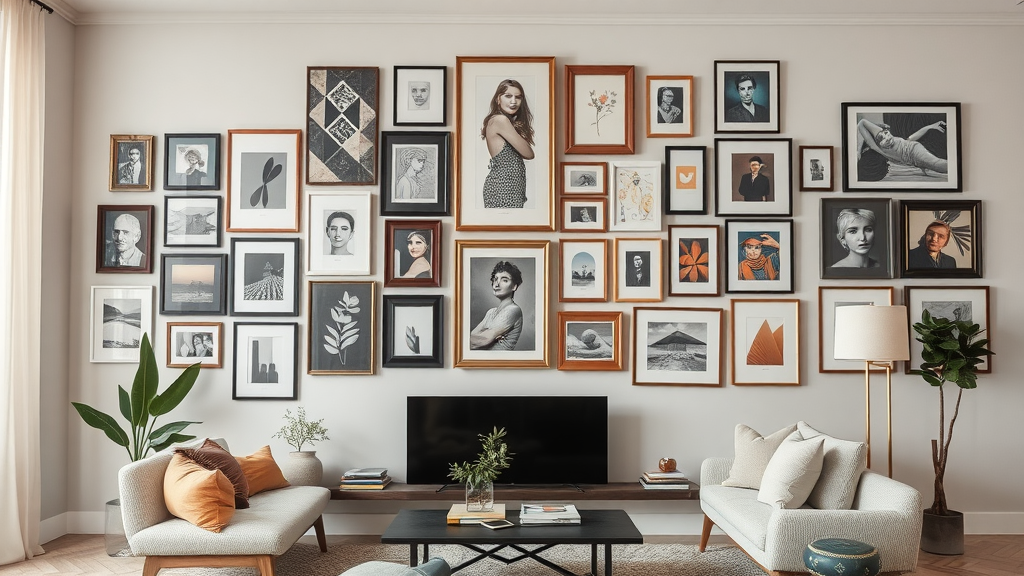 A stylish living room featuring a gallery wall filled with various framed artworks and photographs.