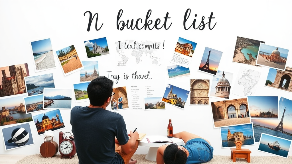 A couple discussing their travel bucket list with photos pinned on the wall.