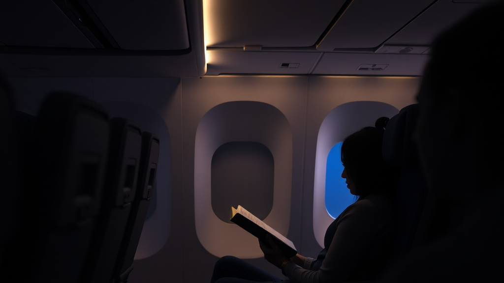 Passengers reading and relaxing on an airplane.