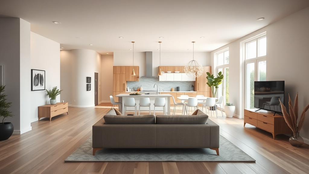 A modern open concept living room with a seamless flow into the kitchen, featuring stylish furniture and bright natural light.