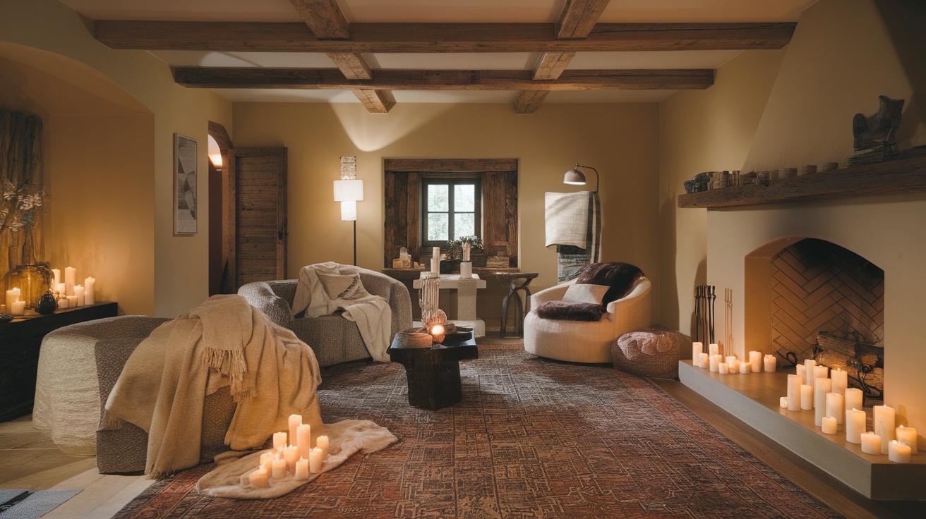 Cozy living room with candles and soft furnishings