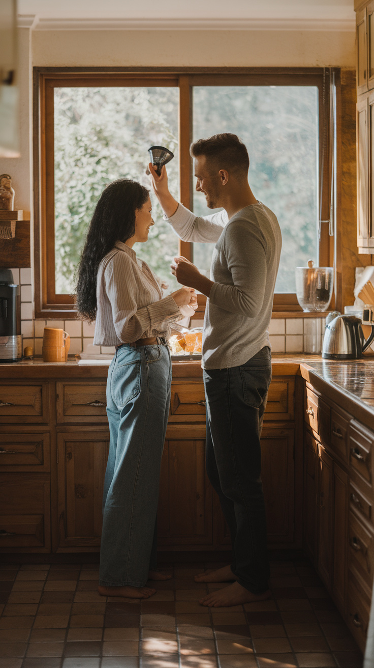 A couple enjoying a moment together in their kitchen, making coffee.