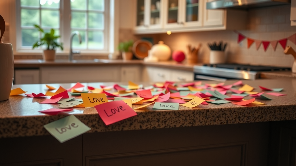 Colorful sticky notes with love messages scattered on a kitchen countertop.