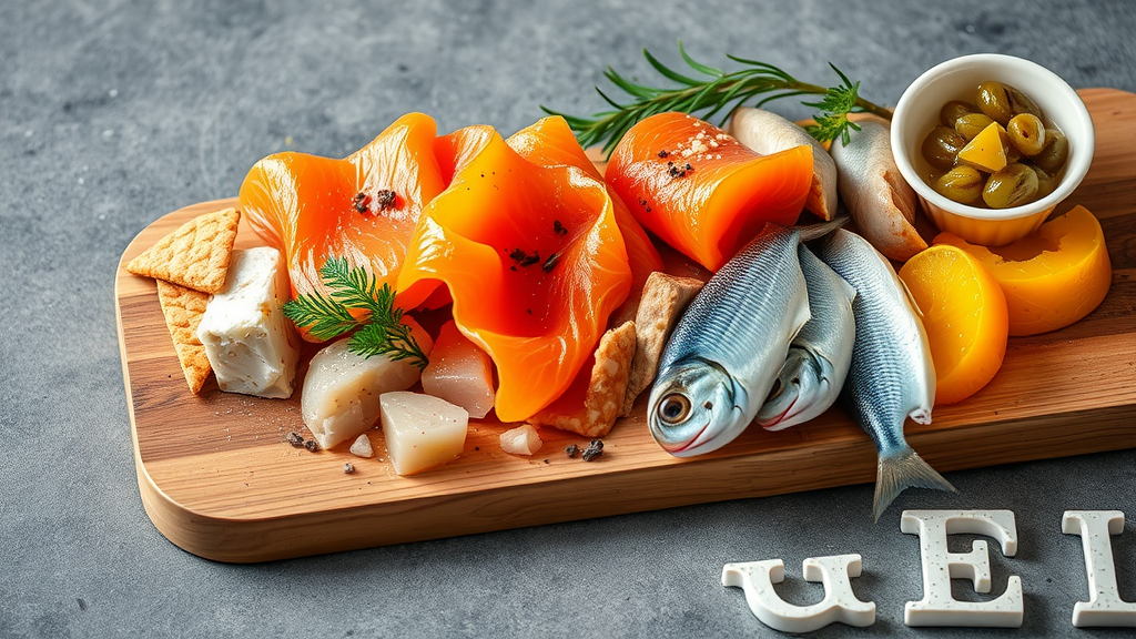 A wooden board with various Scandinavian seafood including salmon, herring, cheese, and crackers.