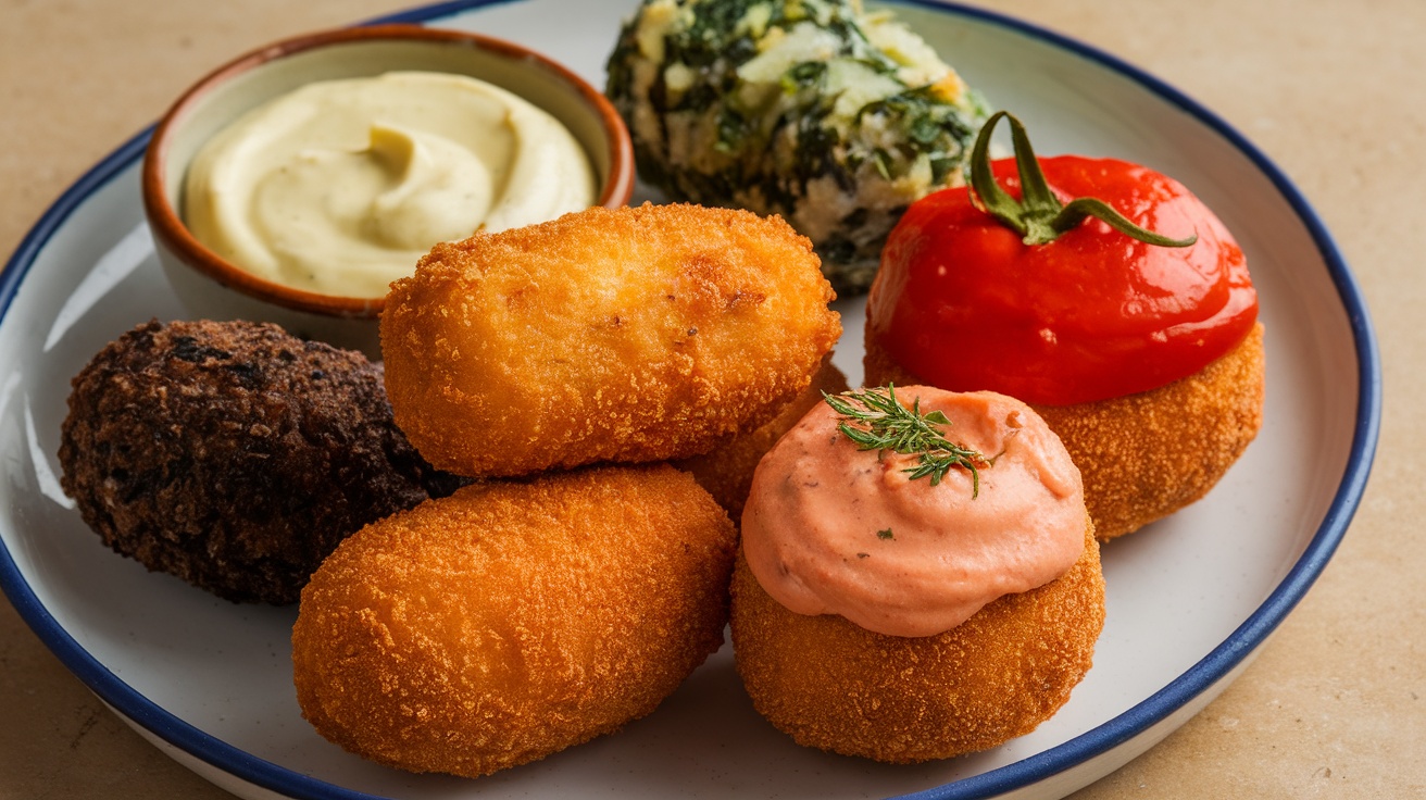 A plate of assorted croquetas, including different fillings and dipping sauces.