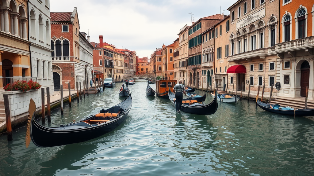 A scenic view of gondolas in a canal in Venice, surrounded by beautiful buildings.