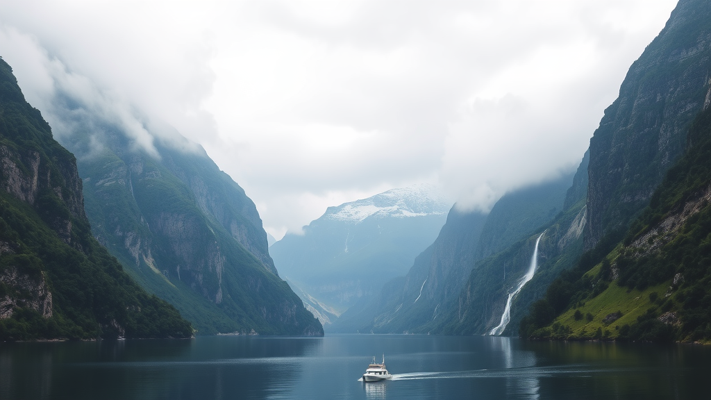 A boat cruising through a tranquil Norwegian fjord surrounded by misty mountains and waterfalls.