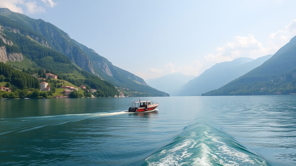 A boat cruising on a serene lake surrounded by mountains in Italy.