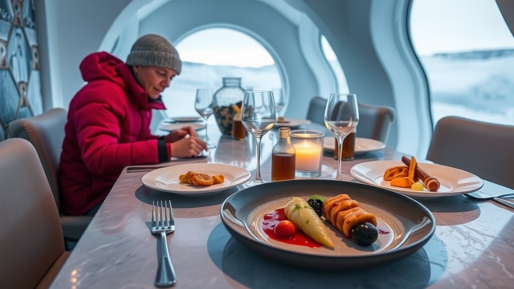 A woman dining at an ice hotel, with gourmet dishes on the table and snowy scenery visible through a large window.