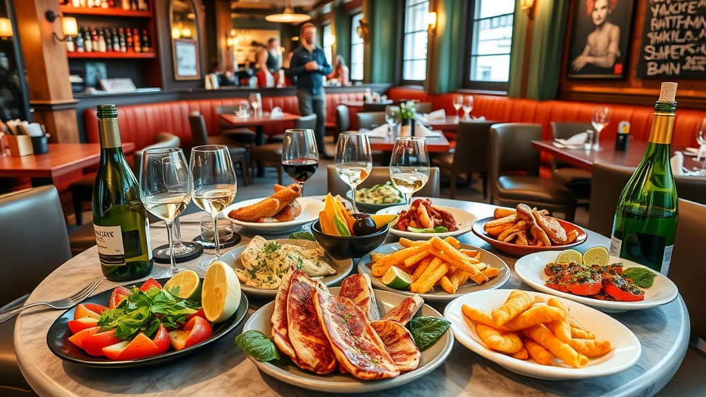 A table filled with various dishes and drinks in a restaurant setting