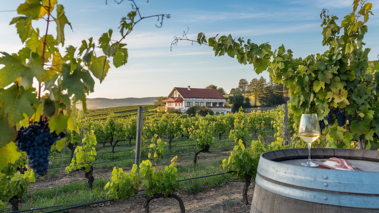 A scenic view of Napa Valley vineyards with a glass of white wine on a barrel.