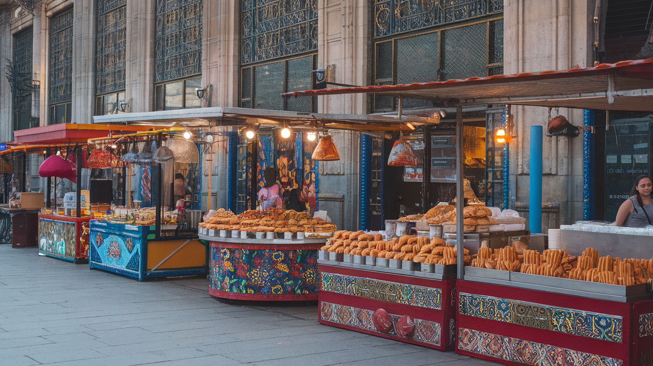 A bustling food market in Mexico City featuring colorful taco stands and traditional dishes.