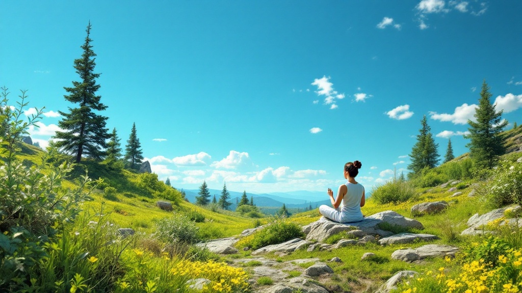 A person meditating on a rock in a sunny, green landscape with trees and a clear blue sky.