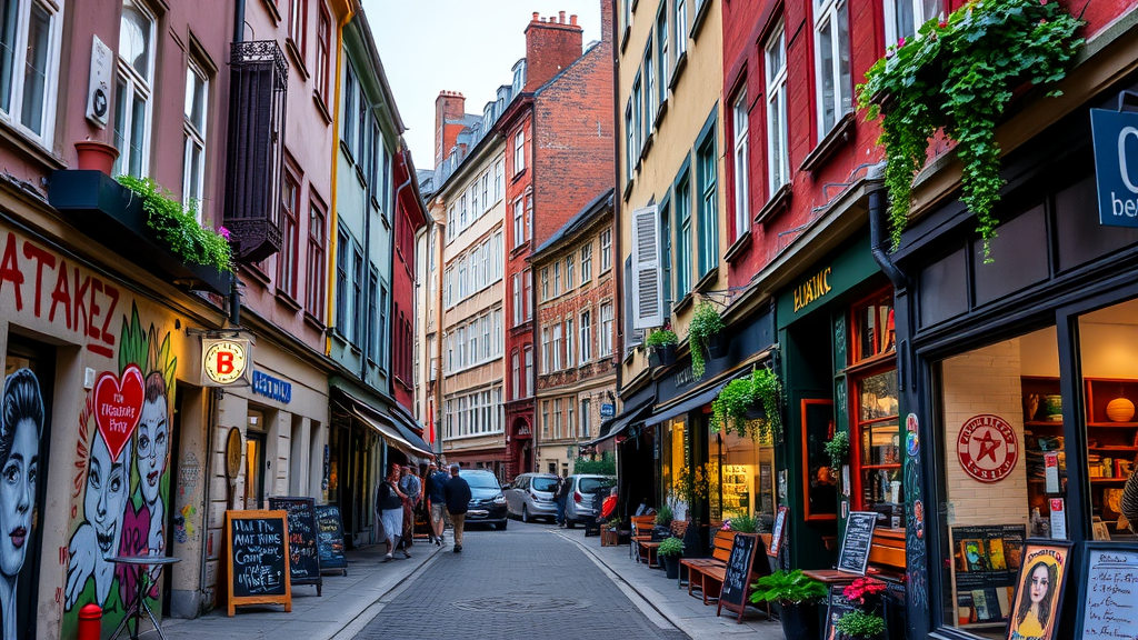 A picturesque street in Grünerløkka, Oslo, showcasing colorful buildings, street art, and people walking.