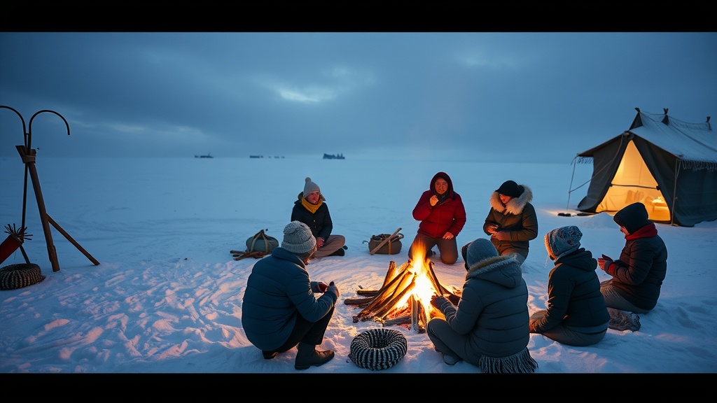 Group of people gathered around a fire in a snowy landscape, engaging in cultural experiences.