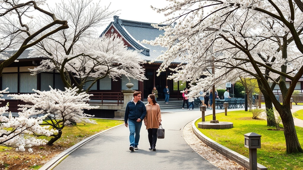 A couple walking hand in hand under cherry blossom trees in Kyoto, Japan.