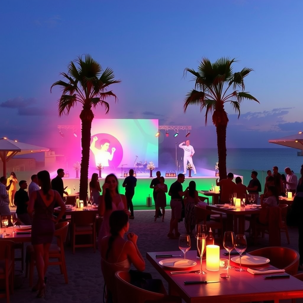 A lively beach club scene at Lio, Ibiza with colorful lights, dining tables, and a stage for performances.