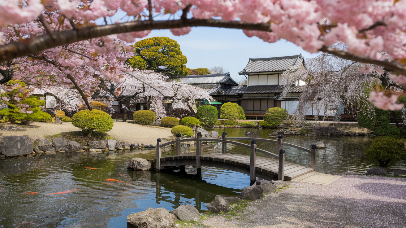 A peaceful view of a traditional Japanese tea ceremony in a garden with cherry blossoms in Kyoto.