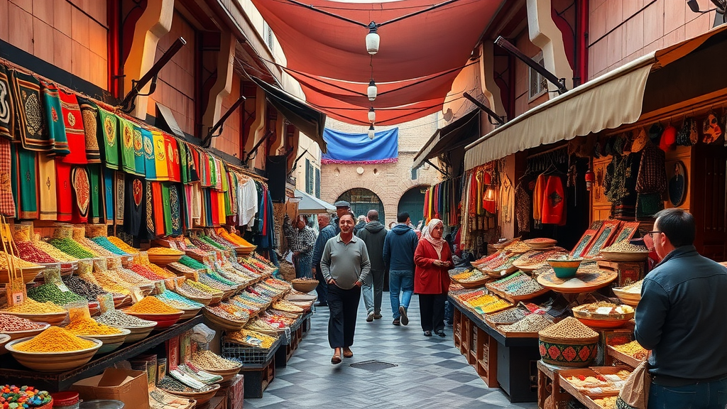 A colorful market in Marrakech with vendors selling spices and textiles.