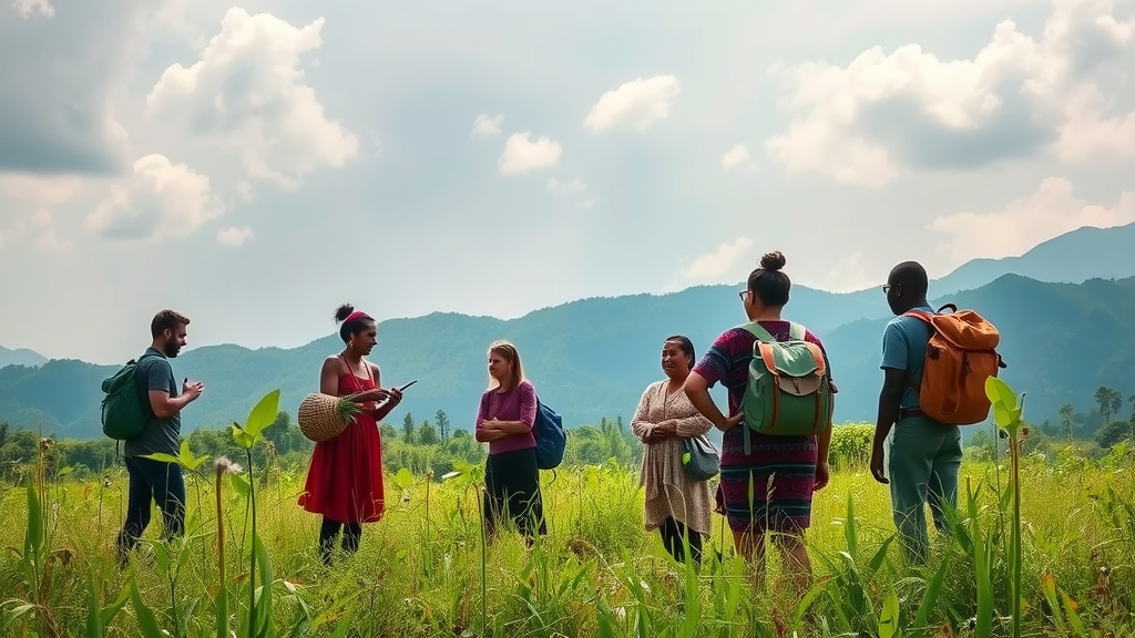 Group of people engaging with indigenous community in a green landscape.