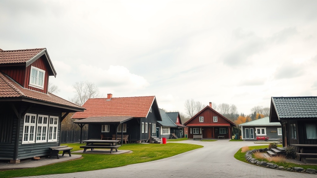 Exterior view of several traditional Norwegian houses at the Norwegian Museum of Cultural History.