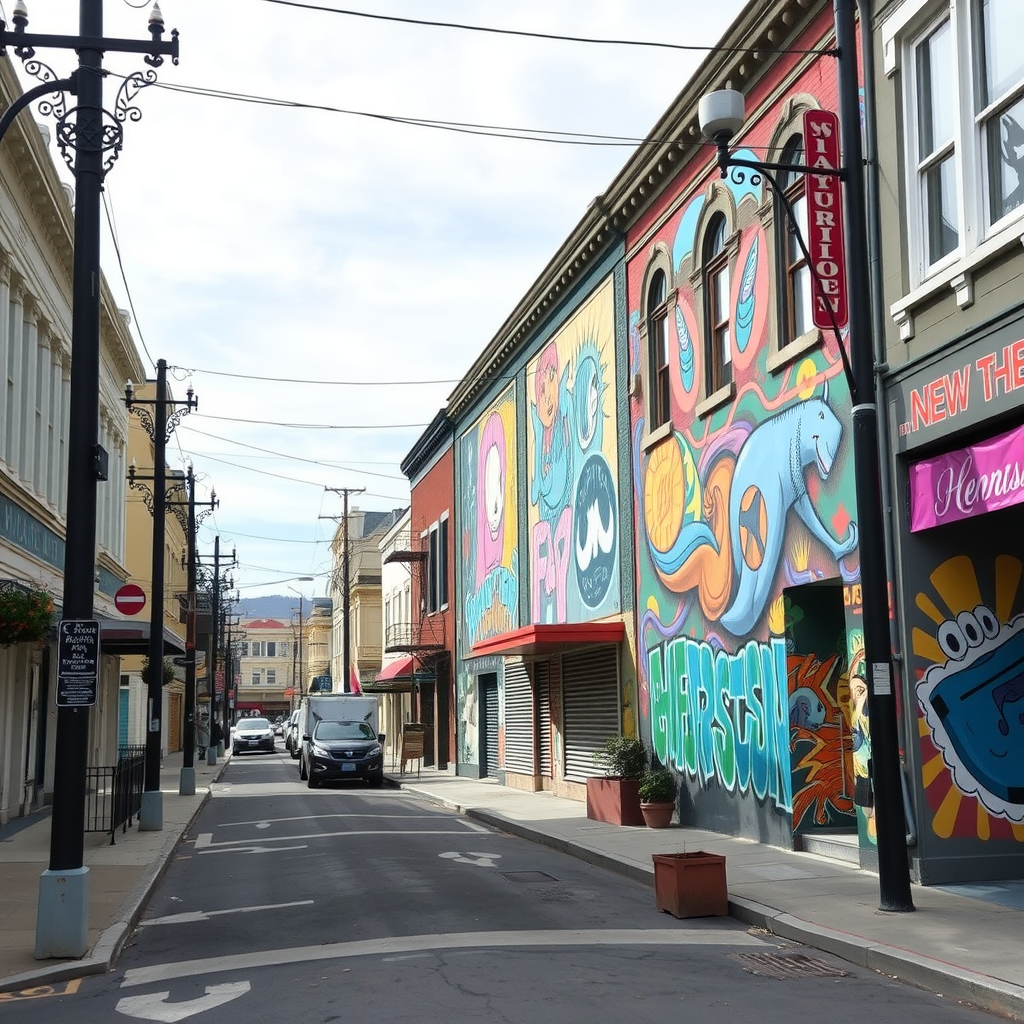 A street in the Mission District of San Francisco featuring colorful murals and shops.