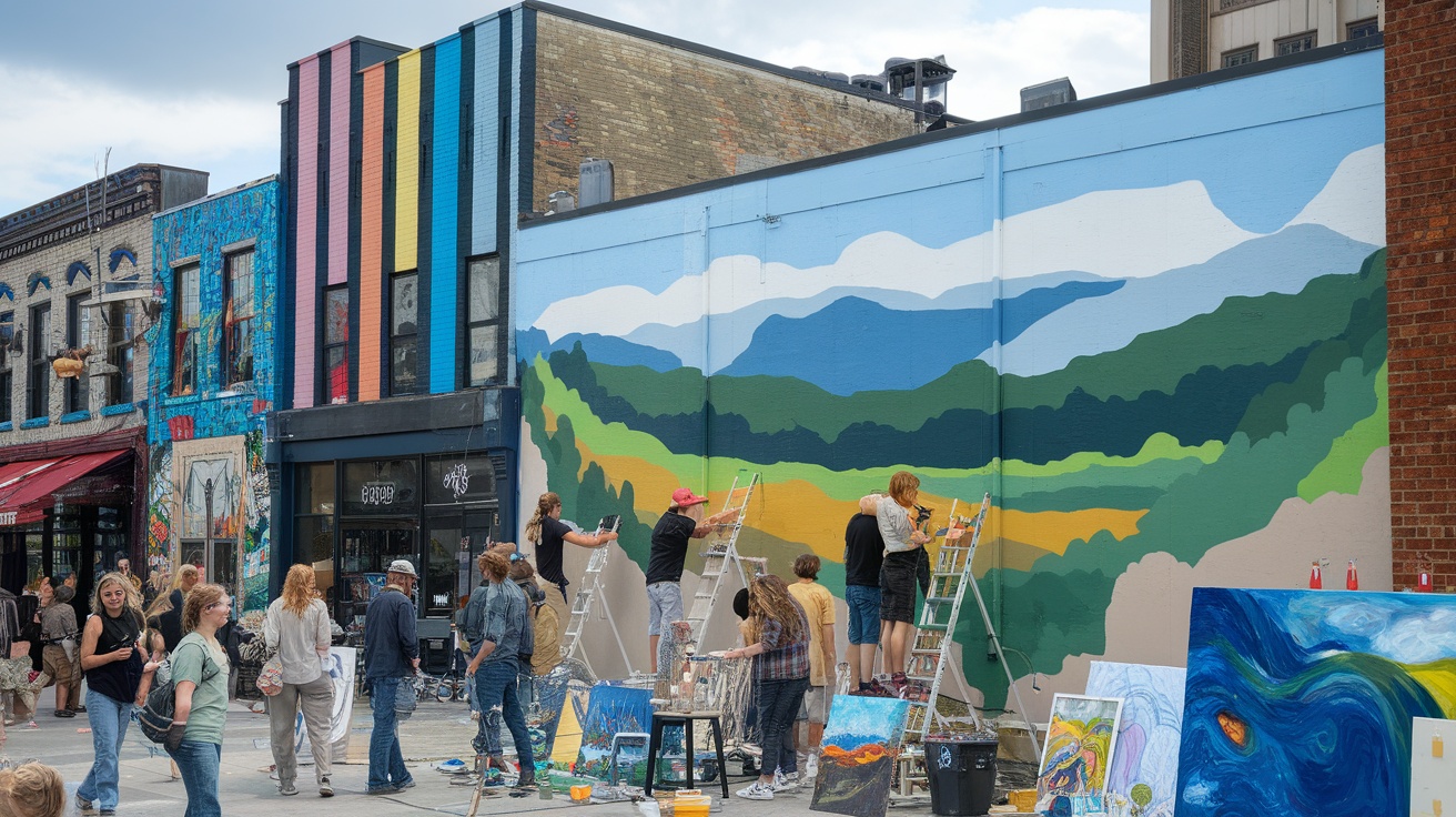 People painting a vibrant mural in Asheville, North Carolina, with colorful buildings and art displays.